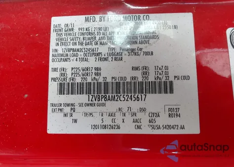 2012 Ford Mustang V6 из США, поврежденный, VIN 1ZVBP8AM2C5245617